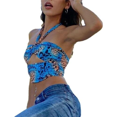 Women Sexy Tops, Blue Sleeveless Off-the-shoulder Leopard Printed Hollowed-out Backless Camisole