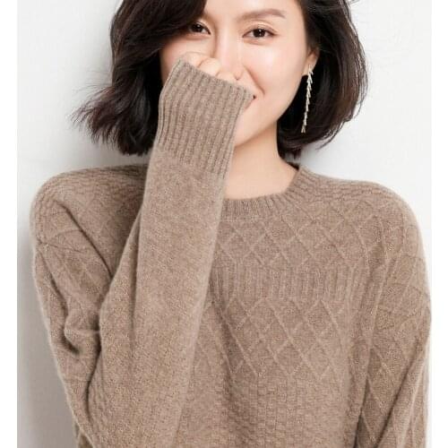 High quality soft winter round neck cashmere sweater women thick 100% pure wool pullover large size bottoming shirt loose and wa