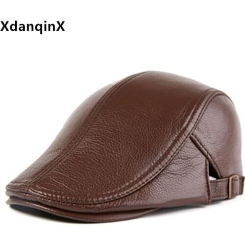 XdanqinX New Mens Natural Genuine Leather Hats Berets Men Flat Cap Adjustable Size Autumn Winter Warm Sheepskin Berets For Men