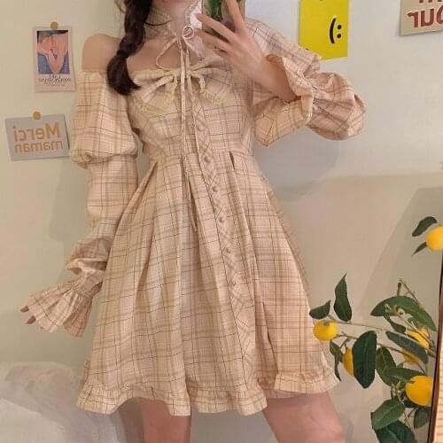Japanese Women Victorian Gothic Lolita Dress Soft Sister Vintage Square Collar Puff Sleeve Slim Dress Girls Bow Plaid Dresses