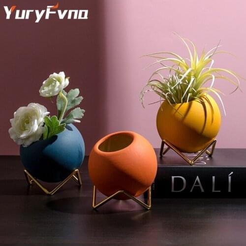 YuryFvna Nordic ball wrought iron ceramic small flower pot desktop bracket vase decorative decoration floral flower arrangement