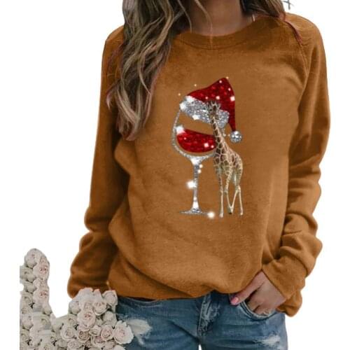 Women Autumn Winter Long Sleeve Wineglass Giraffe Print Blouse Xmas Sweatshirt