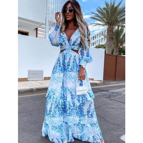 Sexy V-Neck Backless Hollow Out Dress 2021 Autumn Women Lantern Sleeve Club Party Long Maxi Dresses Tunic Beach Cover Up A939