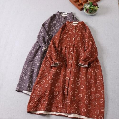 2021 New Spring Women Dress Japan Style Mori Girl Literary Print Peter Pan Collar Long Sleeve Loose Women Cotton Dress