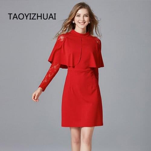 TAOYIZHUAI autumn vintage style lace women dress red and black color big size above knee full sleeves elegant party dress 16052