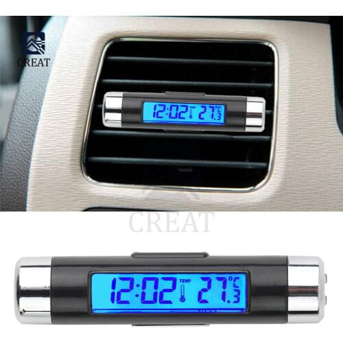 2 in 1 Car Auto Thermometer Clock Calendar LCD Digital Display Screen Clip-on Digital Blue Back Light Automotive Accessories
