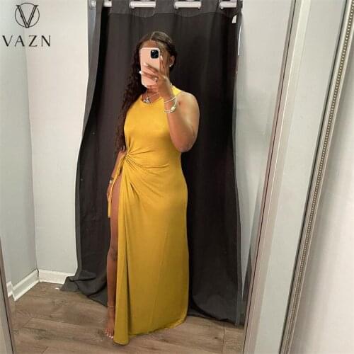 VAZN 2021 Autumn Solis Spit Hollow Out Backless Open Solid Young Sexy Club Tank Sleeve Long Dress Women For Evening Robe