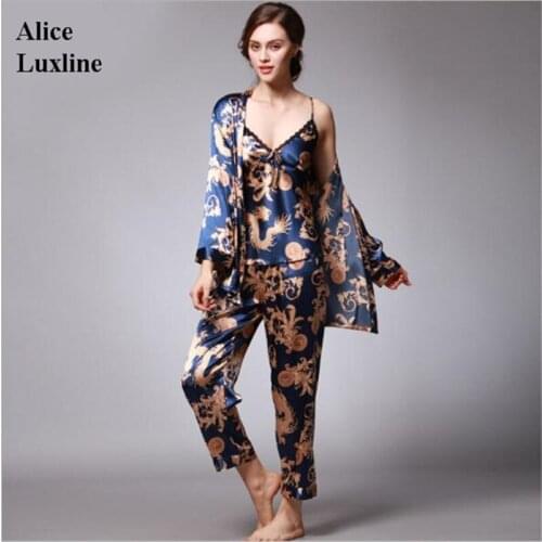 3PC Sleepwear 2018 Women Nightwear Faux Silk Satin Nightgowns V-neck Dressing Gown Long sleeve Print Pajama +Robe + Pant sets US