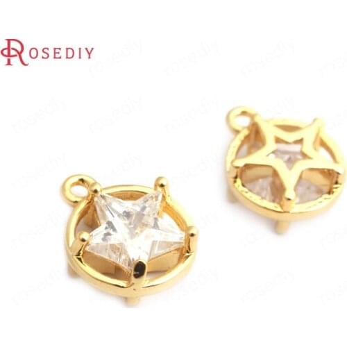33986-G)6PCS 13*10.5MM 24K Gold Color Brass with Zircon Round Star Shape Charms High Quality Diy Jewelry Findings Accessories
