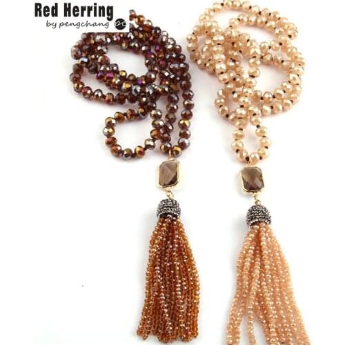 Free Shipping Fashion Bohemian Jewelry Long Crystal Glass Knotted Rectangle Crystal Glass Tassel Necklace