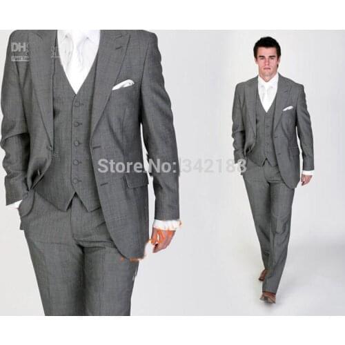 FREE shipping/Dark gray Peak Lapel Groom Tuxedos/Groomsmen Men Wedding Suits/Bridegroom suits/best man suitswedding men clo