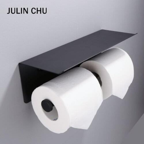 Black Double Paper Holder with Shelf 304 Stainless Steel Bathroom Kitchen WC Paper Towel Roll Rack Phone Shelves Tissue Hanging
