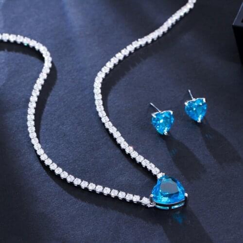 CWWZircons Shiny Cubic Zirconia Light Blue Heart Shpae Tennis Chain Choker Necklace Earrings Trendy Jewelry Sets for Women T553