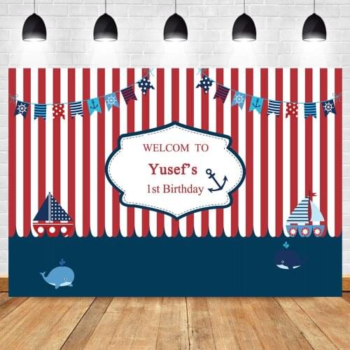 Little seaman 1st birthday party decoration backdrop photography background blue stripe custom baby shower dessert table photo