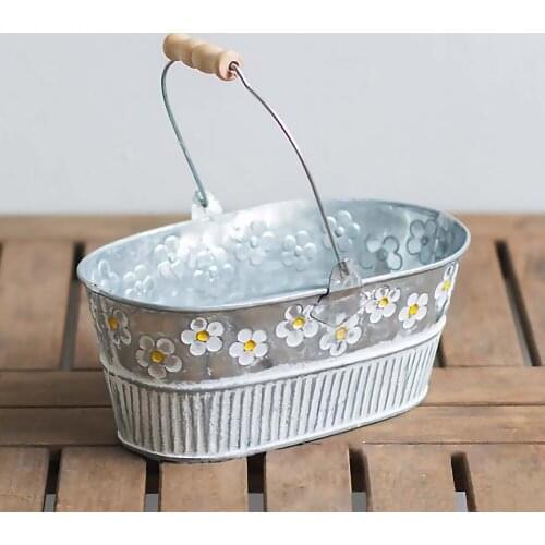 Planter Pots Flower Bucket Home Decoration Wedding Window Retro Oval With Handle Metal Vintage Tub