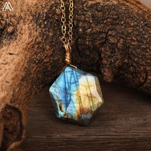Exquisite Women Natural Flash Labradorite Slab Beads Pendant Gold Chains Necklace Fashion Handmade Teengrils Women Jewelry Gift