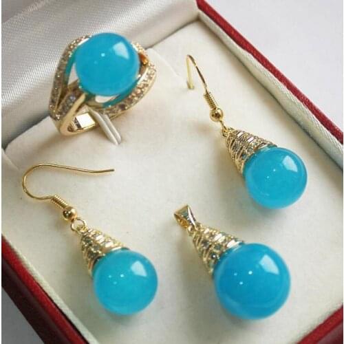 Beautiful new jewelry 12mm blue jade pendant, earring, , ring set