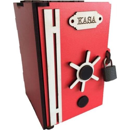 Creative Wood Saving Box Piggy Bank with Steel Lock Money Bank Red