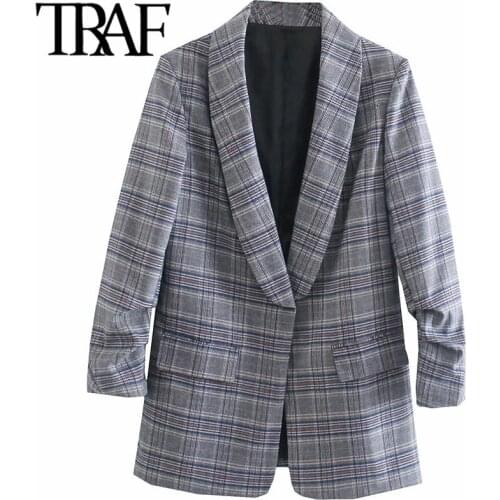 ZHENBAILI Za Woman 2021 Casual Traf Jackets Autumn Winter Shawl Collar Ruched Wrist Sleeve Loose Plaid Blazers Female Coats