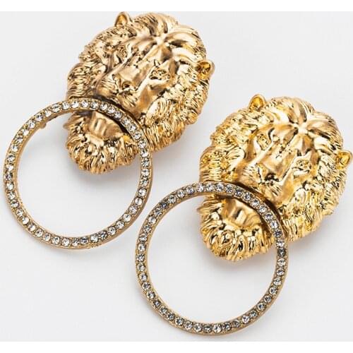 Fashionable and Changeable Antique Gold Lion Pattern Dangle Earrings Geometric Retro Street Patting Personality Punk Jewelry