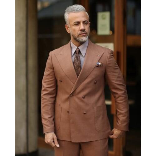Fashion Brown Men Blazer 2 Piece Groom Tuxedos For Wedding Formal Prom Suit (Jacket+Pants) Chic Streetwear Double Breasted