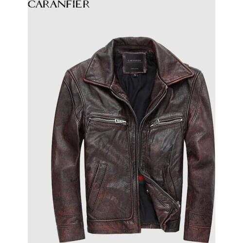 CARANFIER Mens Jackets Genuine Cowhide Leather Casual Slim Fit Coats Motorcycles Stand Collar Outerwear Bomber Overcoats