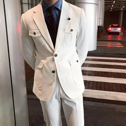 White Casual Suits for Men 2 Piece Slim Fit Wedding Groom Tuxedo with Notched Lapel Custom Male Set Blazer Pants 2020