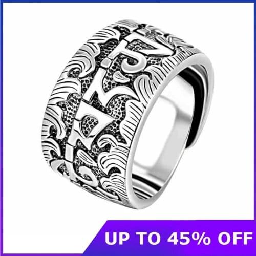 Genuine 925 Silver Six Word Ring For Men Big Wide Open Rings Buddha Clear Engraved Vintage Thai silver Male Jewelry Gifts
