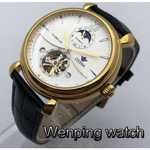 OSSNA 45mm Top Casual Luxury Mechanical Watch Gold Case White Dial Leather Strap Moon Phase Seagull Movement Automatic Watch