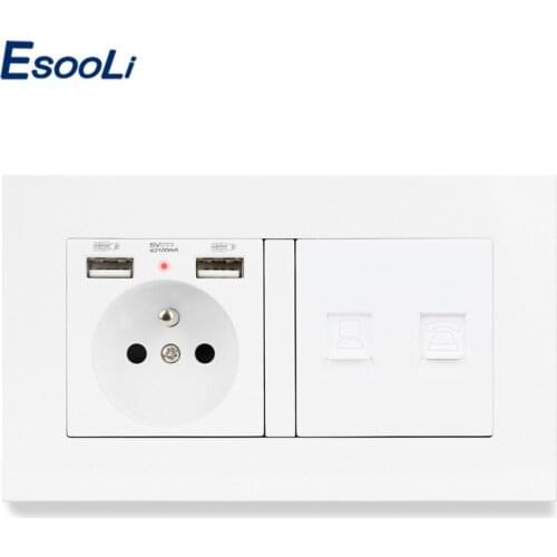 ESOOLI PC Plastic Panel French Standard Socket with 2 USB Charge Port + RJ45 Internet and RJ11 2 Core Telephone Connector