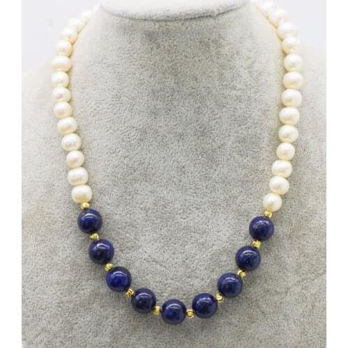 Freshwater pearl near round blue lapis round 12mm necklace 18inch wholesale nature beads FPPJ gemstone