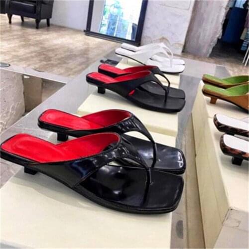 S Calf leather low heel fashion catwalk beach sandals square heel temperament flip-flops female ins fairy leather slippers