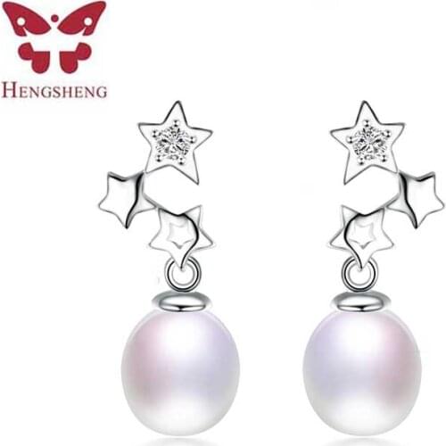 HENGSHENG Fine Jewelry Natural Freshwater AAAA Pearl Earrings For Women, Star Earring With Rice Shape Pearl, Zircon Earrings