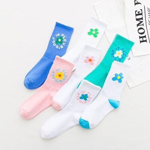 Preppy Chic Simple Design Socks Women Cartoon Flower Letter Print Japanese Socks Breathable Soft Cute Cotton Socks