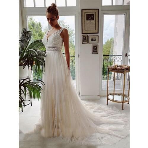 Bohemian Seaside Chic Beach Outdoor Wedding Dress Hollow Lace Soft Tulle Custom Made Free Shipping Bridal Gowns Robe De Mariee