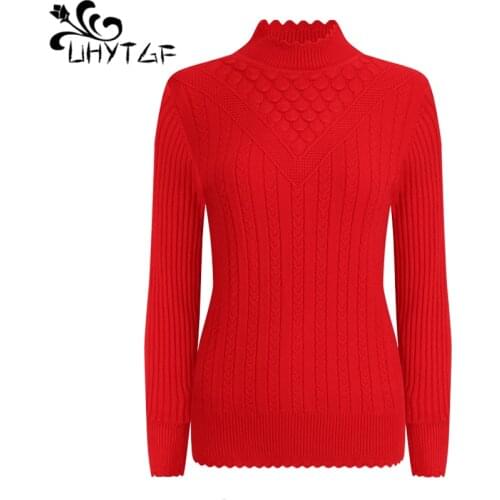 UHYTGF Womens sweaters Pure color wild elastic Inside autumn winter sweater women knitted pullover casual warm short sweater 723