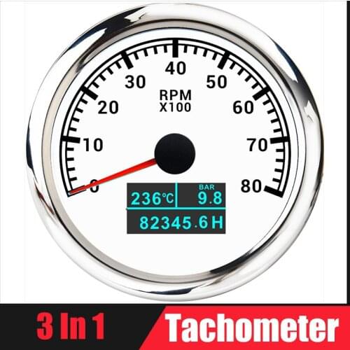 85MM RPM Tachometer Gauge 3 In 1 Multifunction Tacho Meter with Water Temp Oil Pressure Hour 3000/4000/6000/8000 RPM Tacho Meter