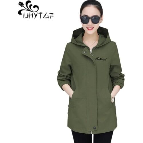 UHYTGF especially female trench coat New fashion hooded spring top outerwear Casual student loose plus size Windbreaker coat1489