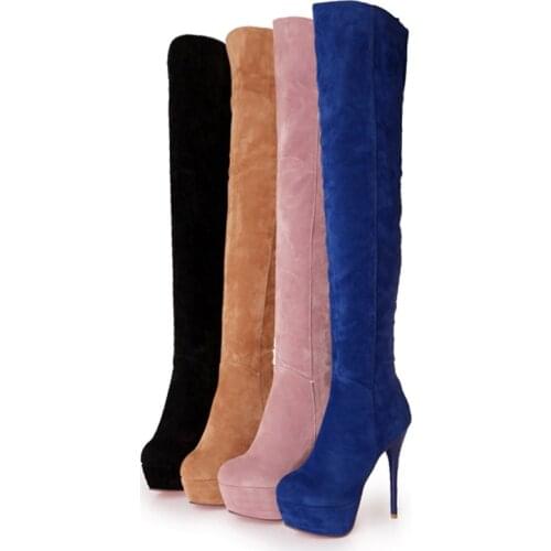 YMECHIC Winter Womens Overknee Faux Suede Slim Boots Platform Super High Stiletto Heels Riding Thigh High Boots Pink Blue Shoes