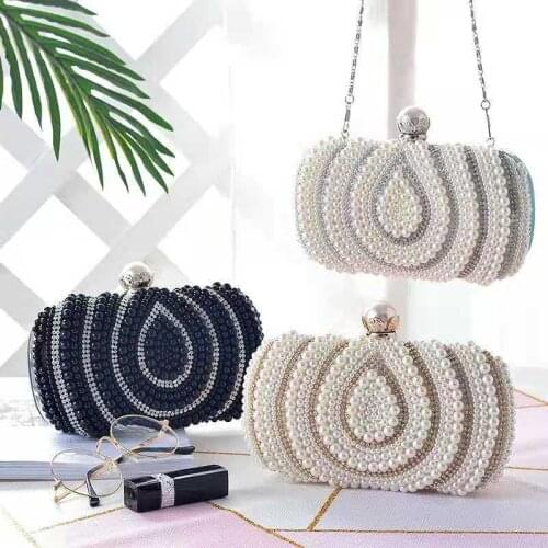One Side Beaded Water Design Day Clutch Diamonds Lady Pearl Handbags Wedding Chain Shoulder Handmade Purse