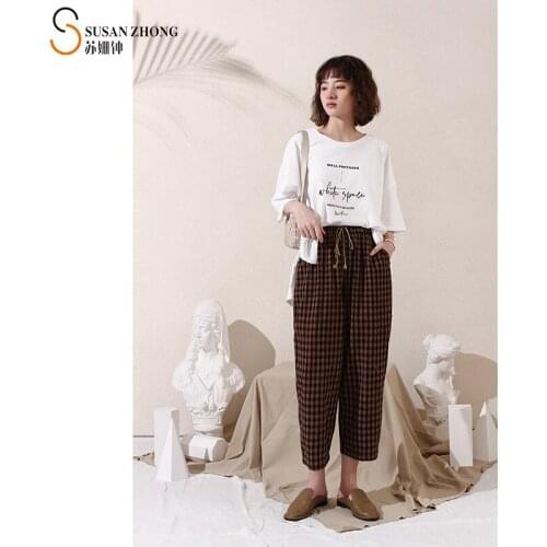 Women Pants Feme Trousers 2021 Spring Summer Natural Normcore Vintage Indi Clothing Loose Harem Cotton Elastic Waist Check Hem