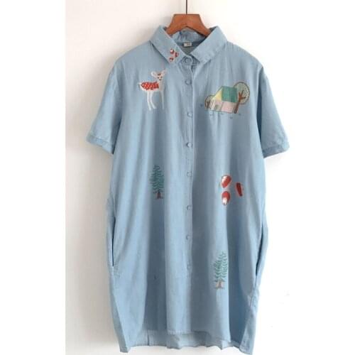 Soft Denim Material Embroidery Women Long Shirrts Vintage 2021 Blue Straight Short-Sleeved Casual Female Outwear Coats Tops