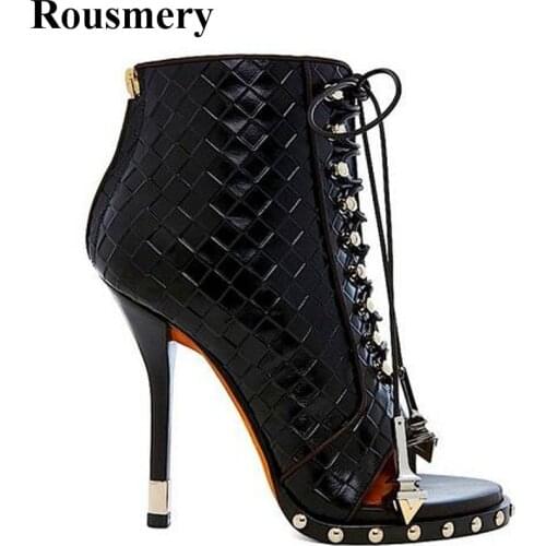 New Popular Design Open Toe Pattern Leather Lace-up Ankle High Heel Boots Women Spike Short Gladiator Boots Dress Shoes