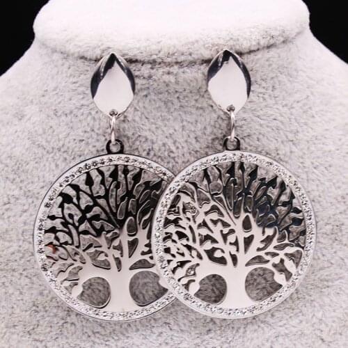 2021 Tree of Life Stainless Steel Crystal Stud Earrings Women Big Silver Color Earrings Jewelry pendientes cristal E612736