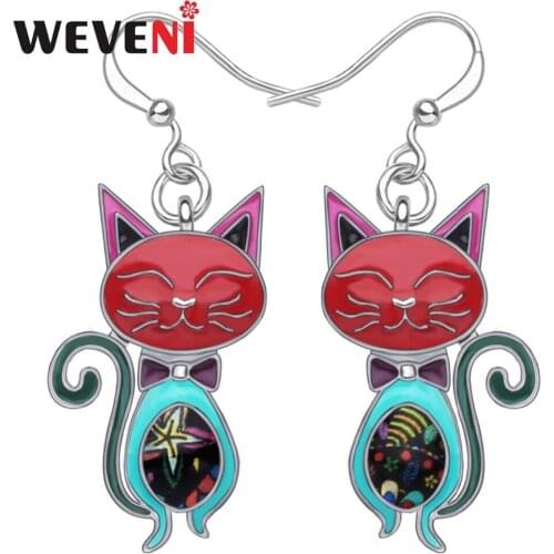 WEVENI Statement Enamel Alloy Elegant Cat Earrings Dangle Stud Fashion Animal Pet Jewelry For Women Girls Party Gift Accessories