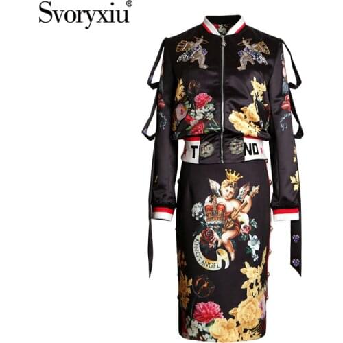 Svoryxiu Vintage Angel Flower Print Black Skirt Suit Womens Fashion Runway Autumn Winter Two Piece Set 2019 New