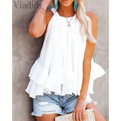 Women Summer Sleeveless Ruffles Solid Color Camisole Top