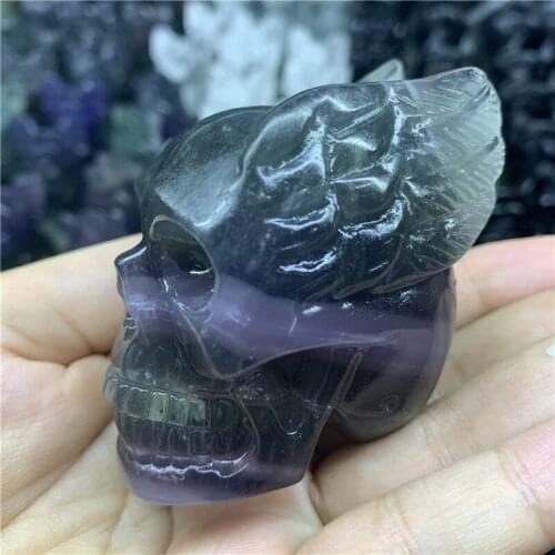 1pcs Natural Fluorite Handmade Skull Carving wing Crystal Healing Reiki Gemstone Home Decor Stone Crystal Craft