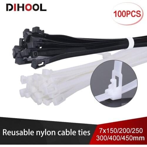 100pcs/lot Black and White Reusable nylon cable tie Openable plastic nylon ties 7x150/7x200/7x250/7x300/7x400/7x450mm