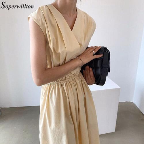 Long Sleeveless Dress Elegant Lady Shirt Dresses 2021 New Summer V Neck Solid Vestidos Mujer A Line High Quality Fashion Casual